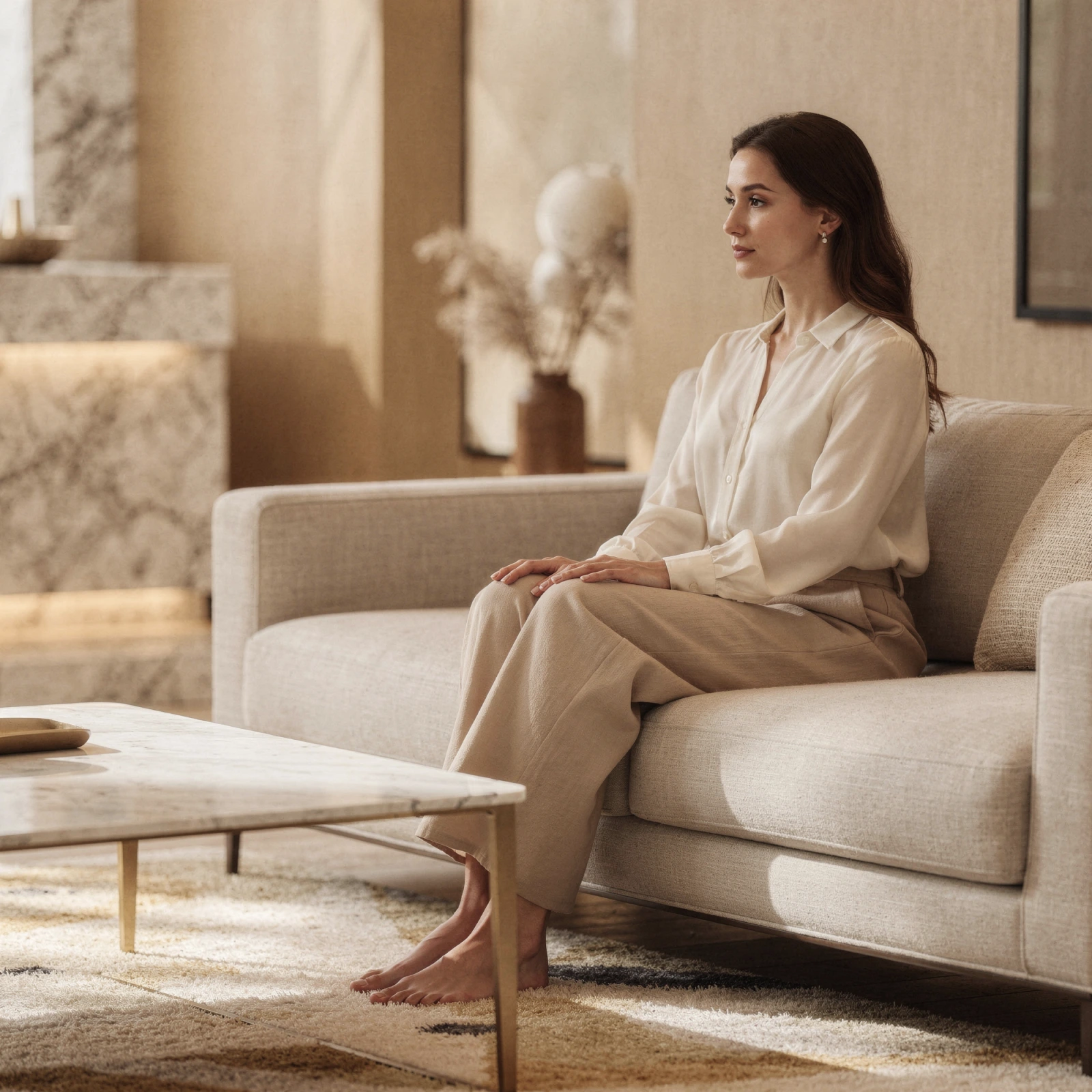 Woman sitting on a beige sofa in a modern spa-like interior waiting room